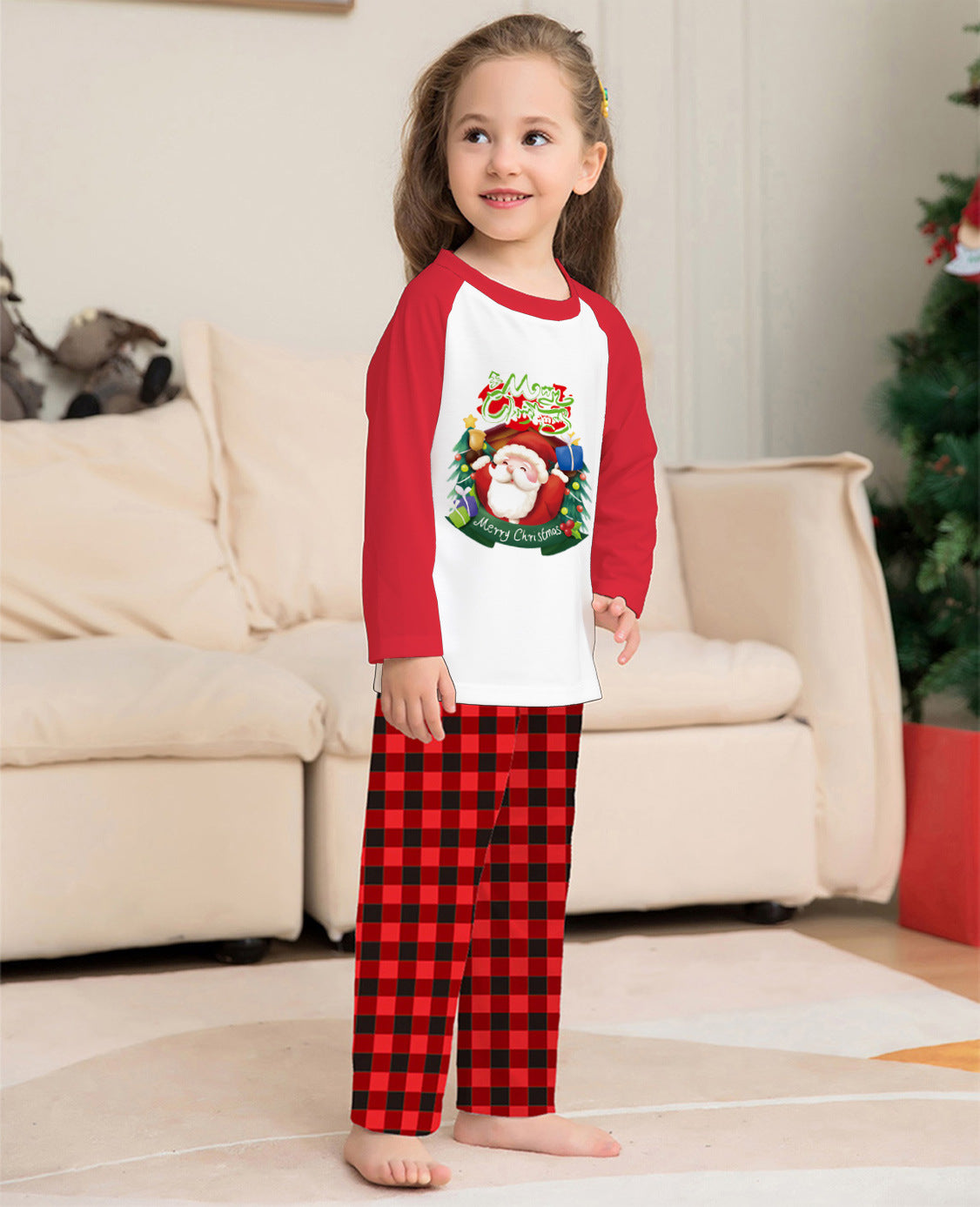 Christmas Parent-Child Clothes Set Long Sleeve T-Shirt Plaid Pants Family Matching Pajamas